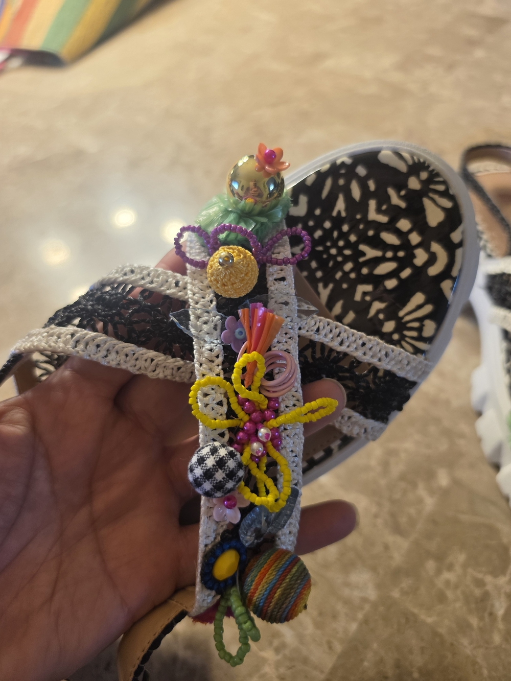Betsey Johnson Black & White Crochet Platform Sandals with Colorful Bead Accents - Picture 4 of 8